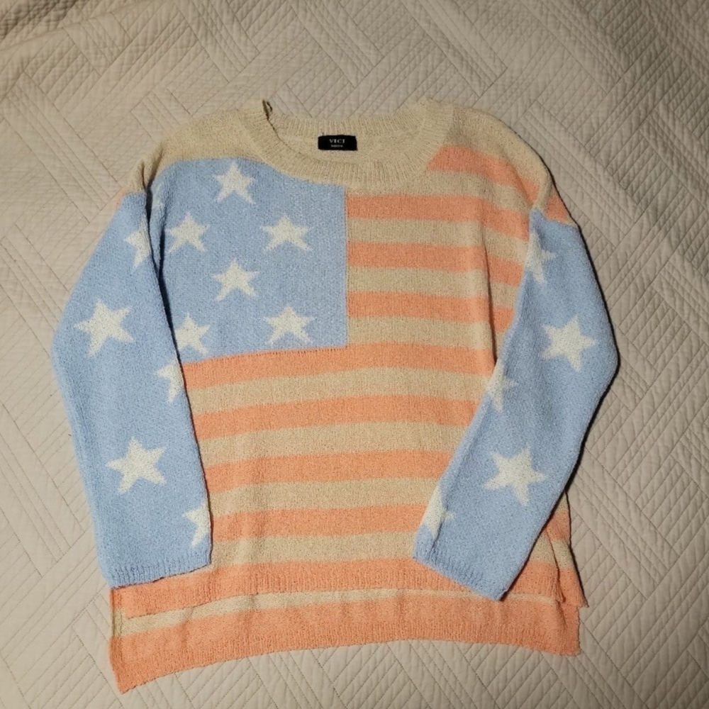 Vici Stars and Stripes Relaxed Knit Pullover Sweater Sz M flag print